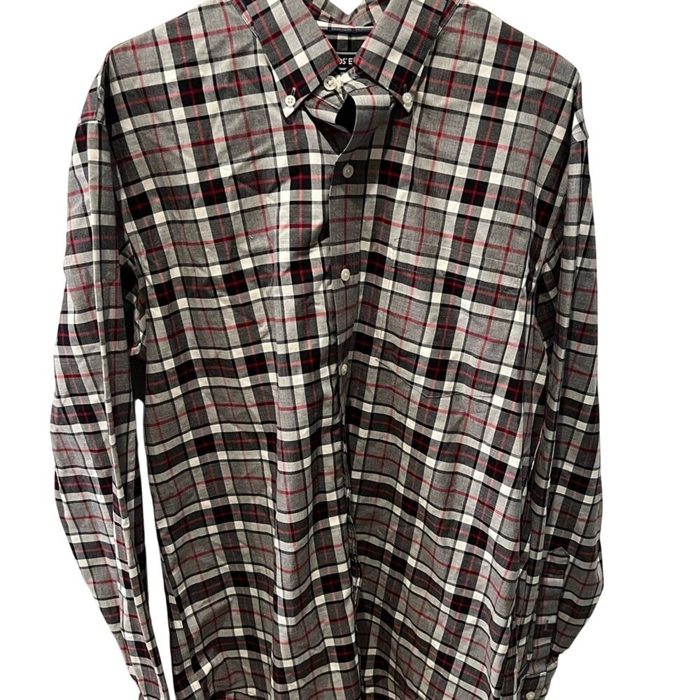Lands' End Gray and Red Plaid Casual Cotton 
Shirt